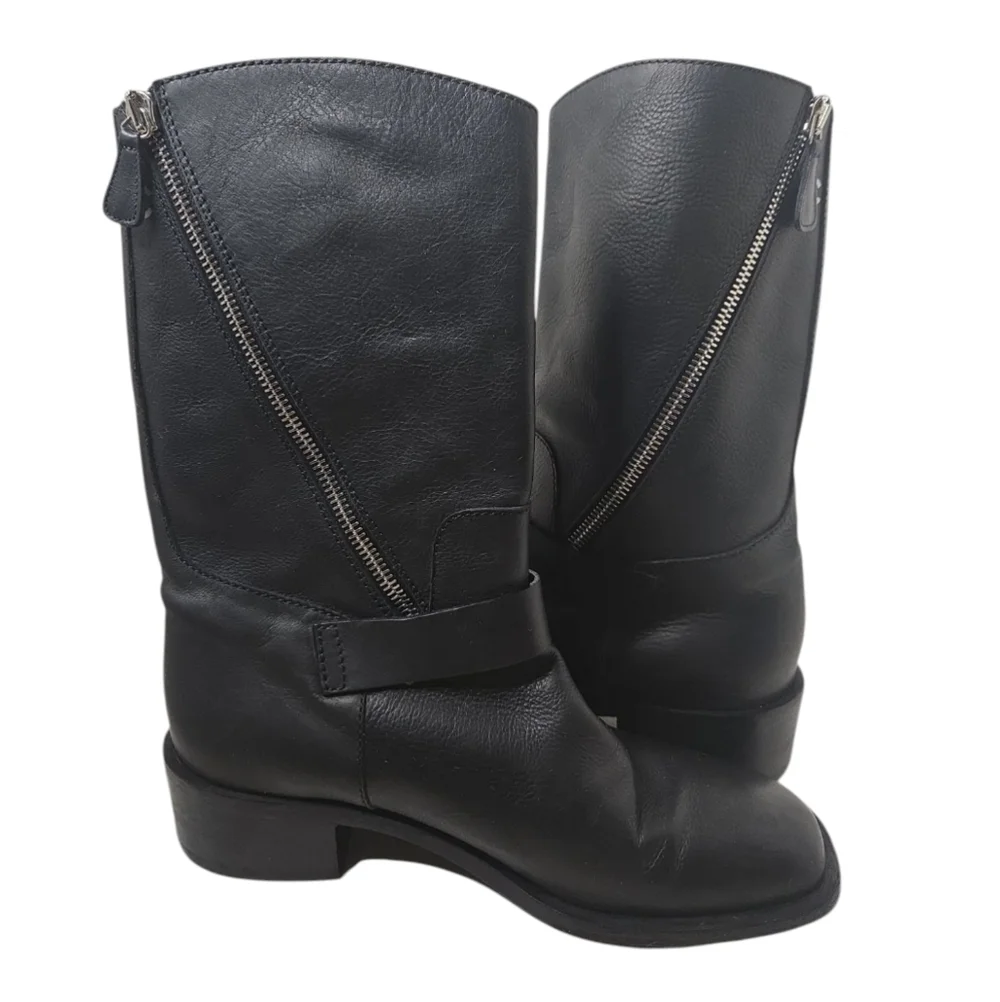 CHANEL - 14B CC Black Leather Buckle Moto Biker Boots - 37